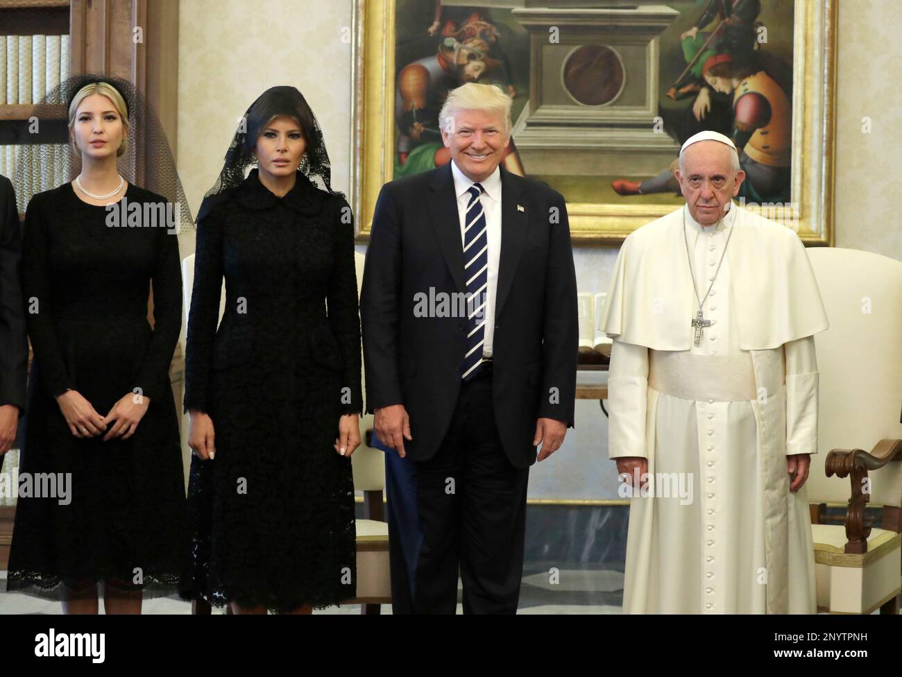 U.S. President Donald Trump, first lady Melania Trump and daughter Ivanka Trump, left, meet with Pope Francis, Wednesday, May 24, 2017, at the Vatican. (AP Photo/Evan Vucci, Pool) Stock Photo