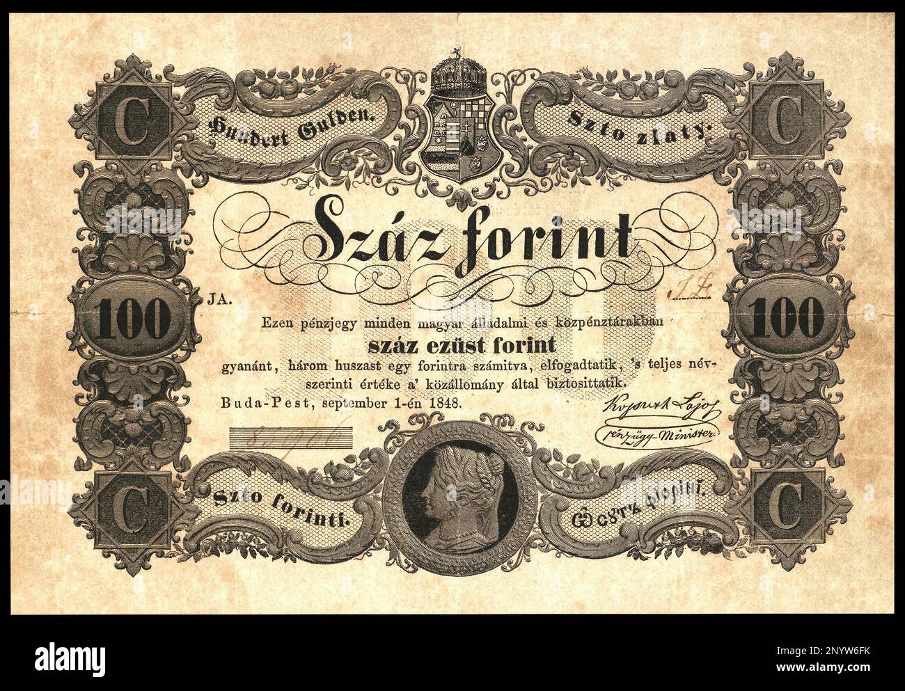 Photo Banknote Hungary, 100 forints, 1848 Stock Photo