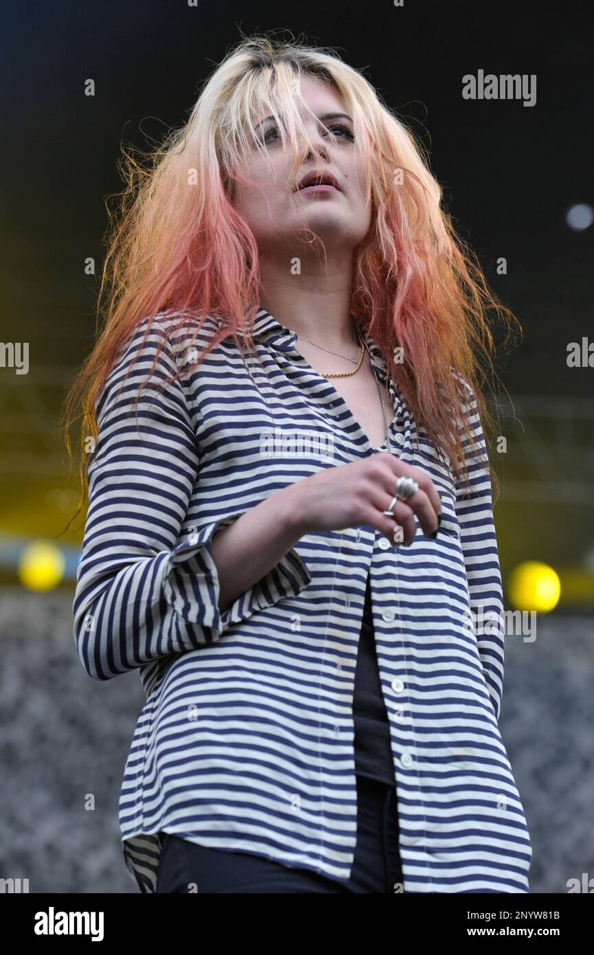 Alison "VV" Mosshart of The Kills performs at the Outside Lands Music & Art Festival at Golden Gate Park on Aug. 11, 2012, in San Francisco. (Photo by Amy Harris/Invision/AP) Stock Photo