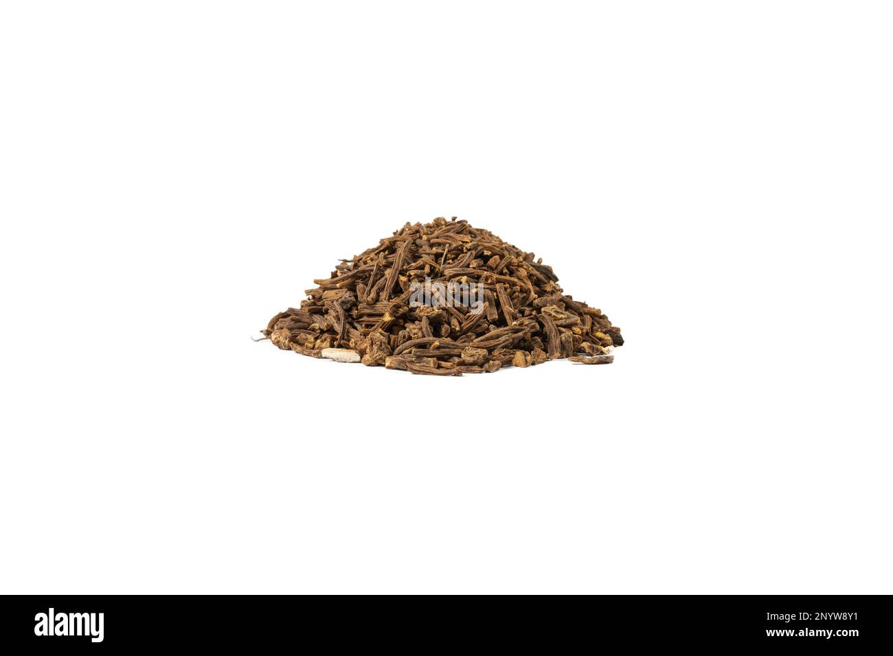 Valerian herb root heap isolated on white background. herb. Valeriana officinalis. used in herbal medicine as a tranquillizer and to treat insomnia, a Stock Photo