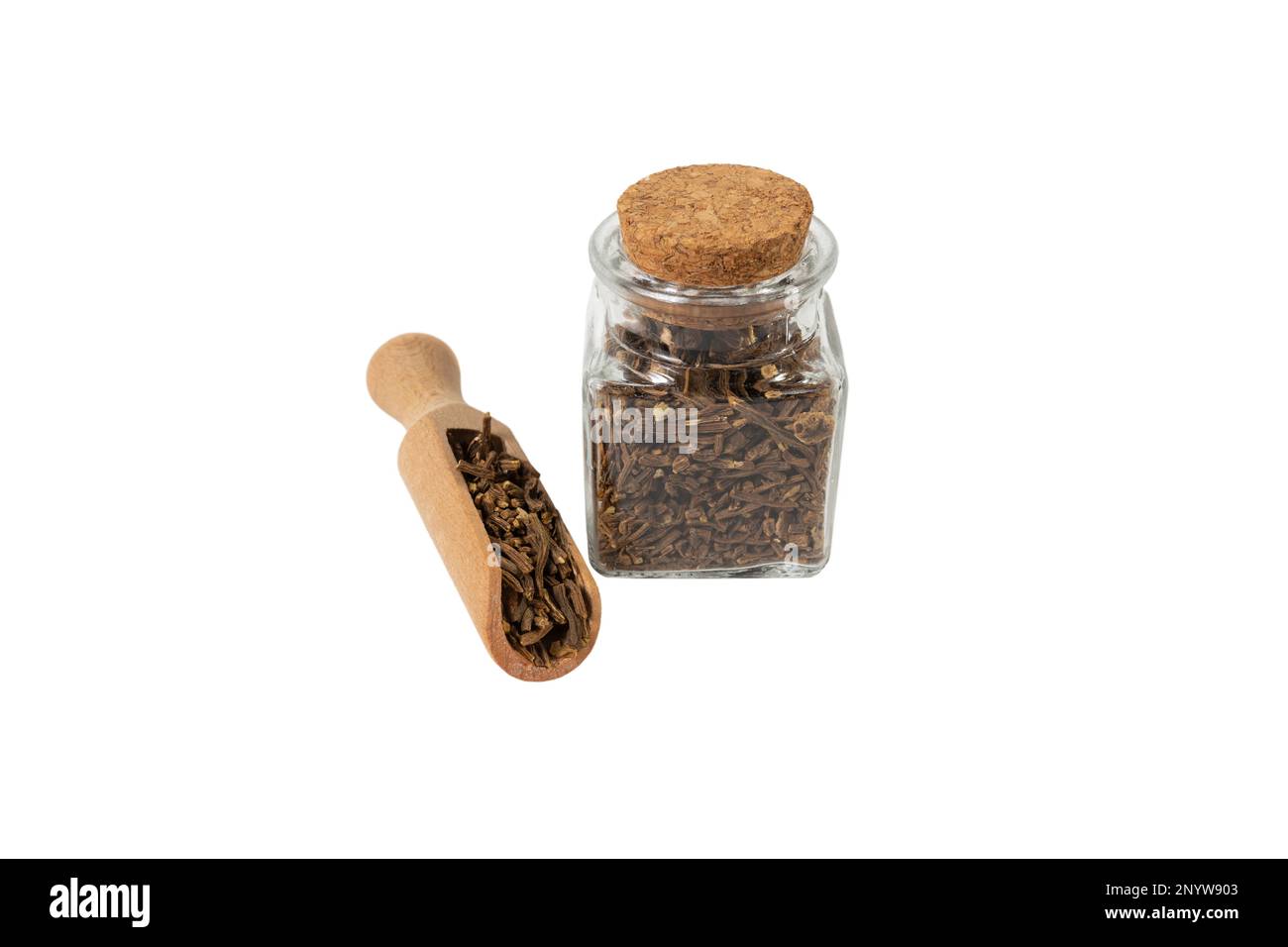Valerian herb root in wooden scoop and glass jar isolated on white background. Valeriana officinalis. used in herbal medicine as a tranquillizer and t Stock Photo