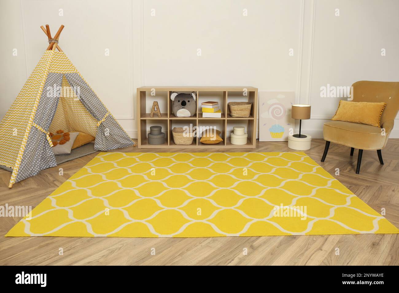 Modern children's room interior with yellow carpet and stylish furniture Stock Photo Alamy