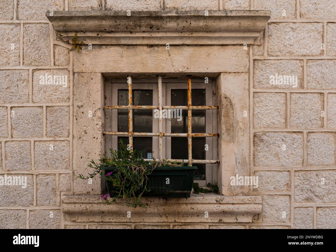 Building's facade. Window with metal bars and flower pot. Architectural detail. Close-up Stock Photo