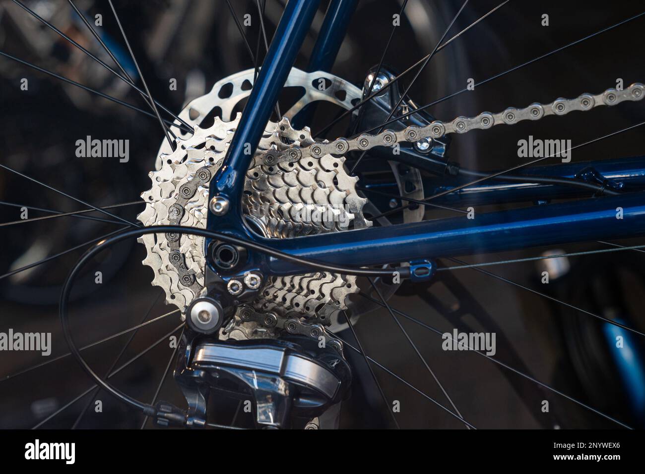 Closeup of rear wheel of road bike. Disc brakes and sprocket Stock