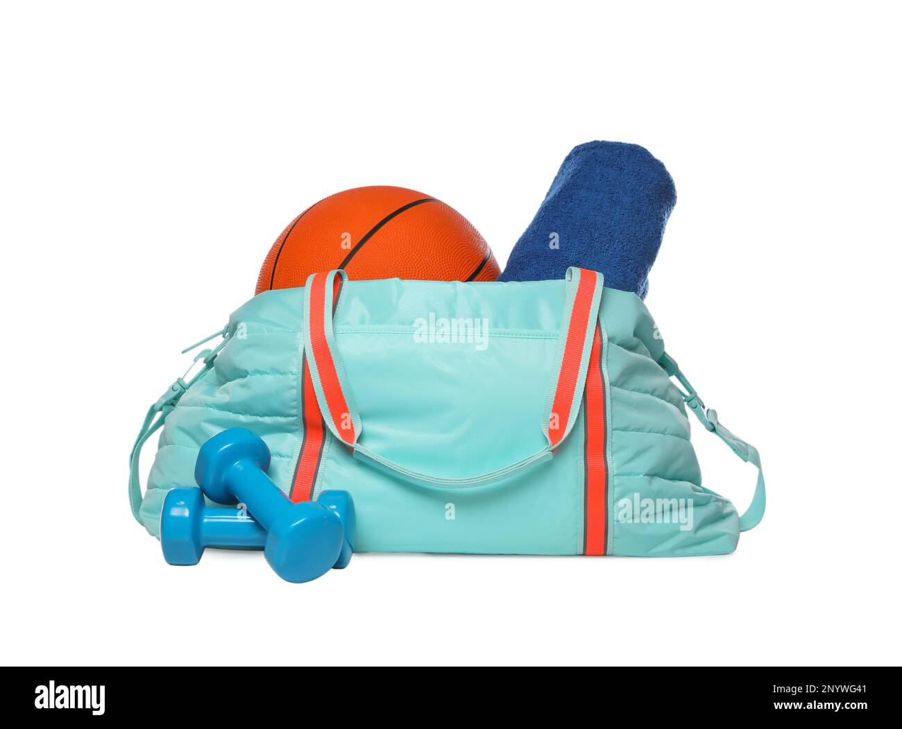 Bag with different sports equipment on white background Stock Photo - Alamy