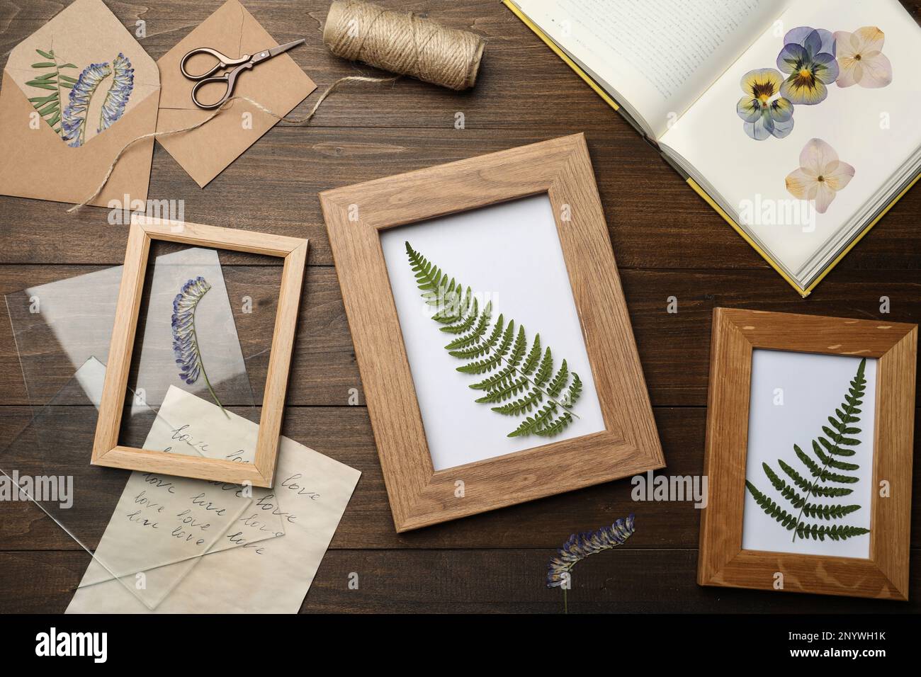 Flat lay composition with dried flowers and plants on wooden table Stock Photo
