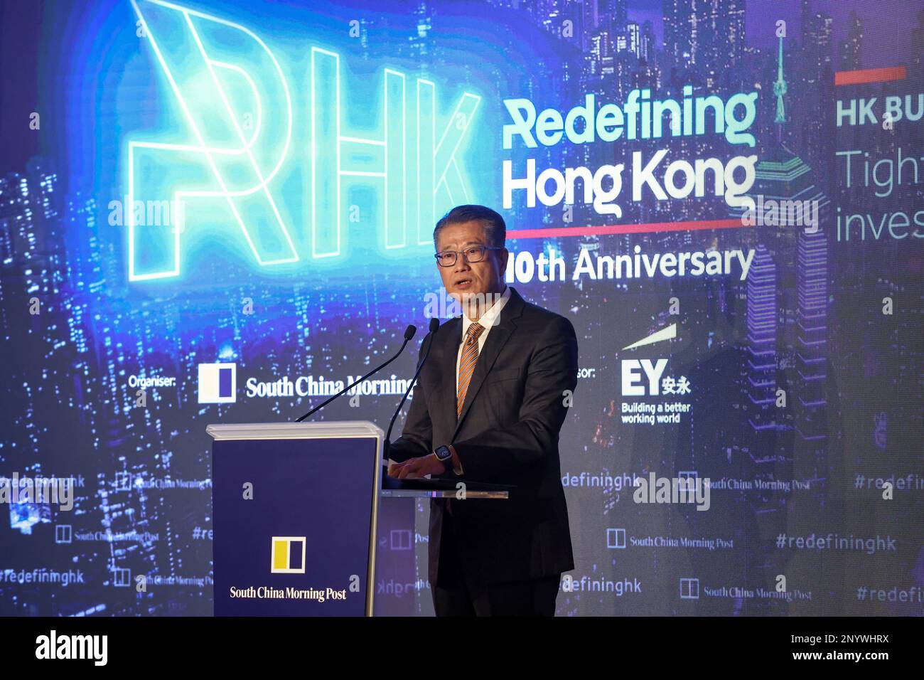 Paul Chan Mo-po, Financial Secretary, speaks in the forum of the SCMP's Redefining Hong Kong (10th anniversary), Hong Kong Budget 2023/24: Tightening the purse strings or investing in the future? 27FEB23 SCMP / K. Y. Cheng Stock Photo