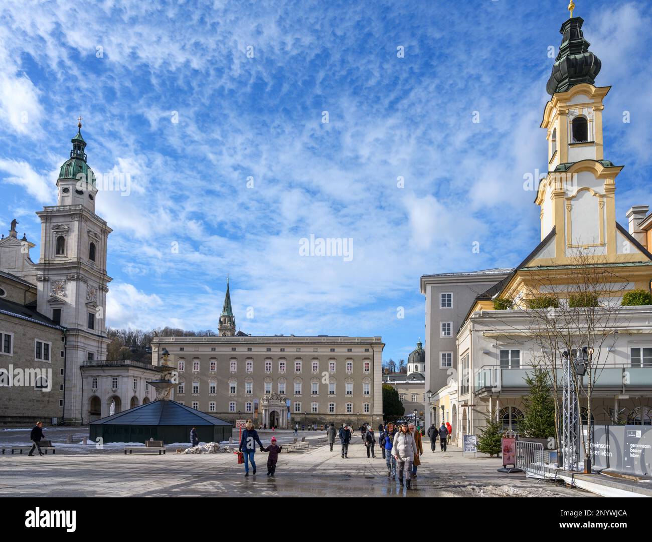 Residenzplatz, Salzburg Cathedral and the DomQuartier Salzburg (Salzburg Residenz) viewed from Mozartplatz, Salzburg, Austria Stock Photo