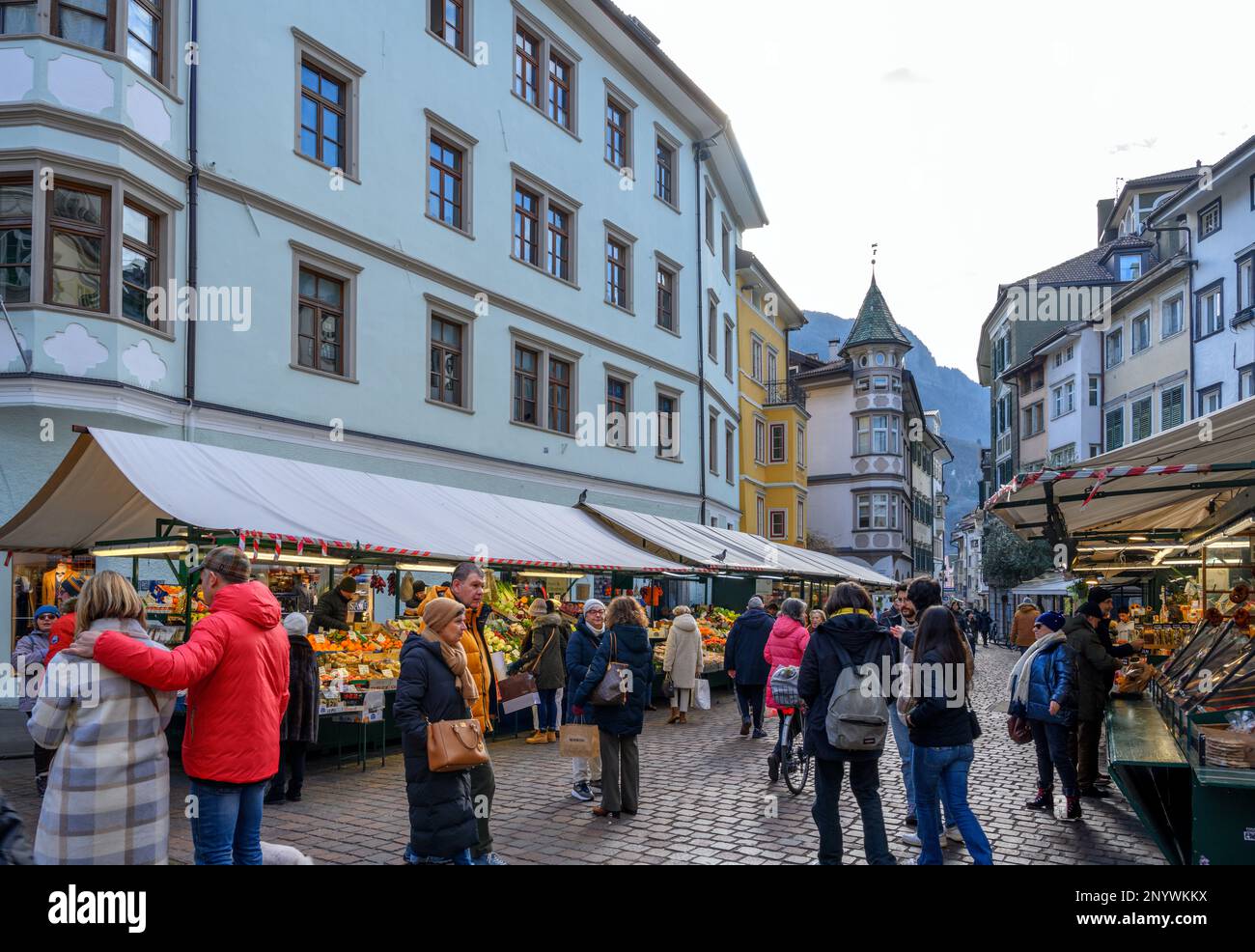 Market stalls on Piazza delle Erbe, Bolzano, Italy (Bozen) Stock Photo