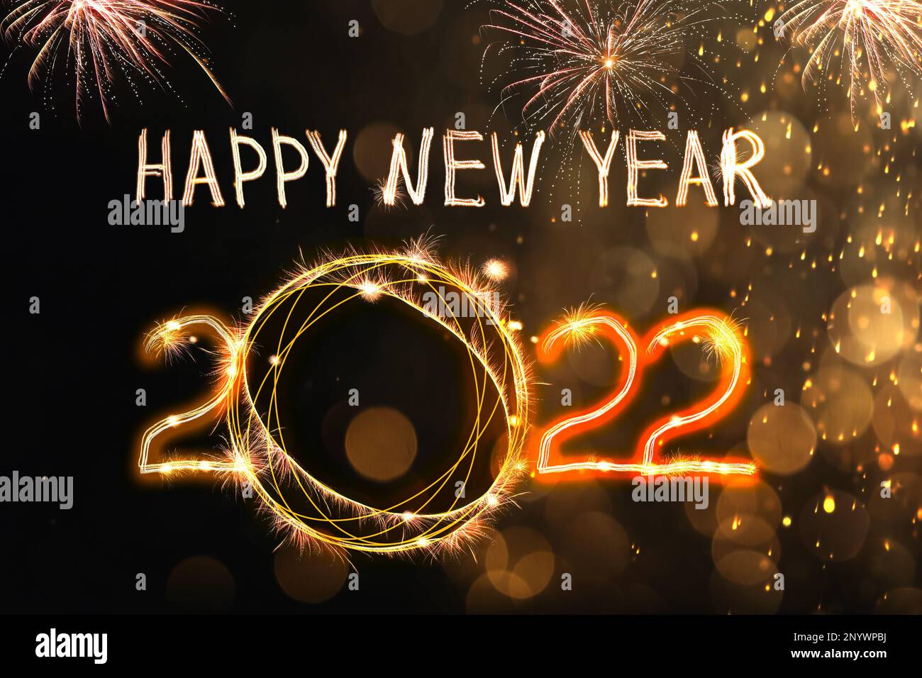 Bright text Happy New 2022 Year made of firework on dark ...