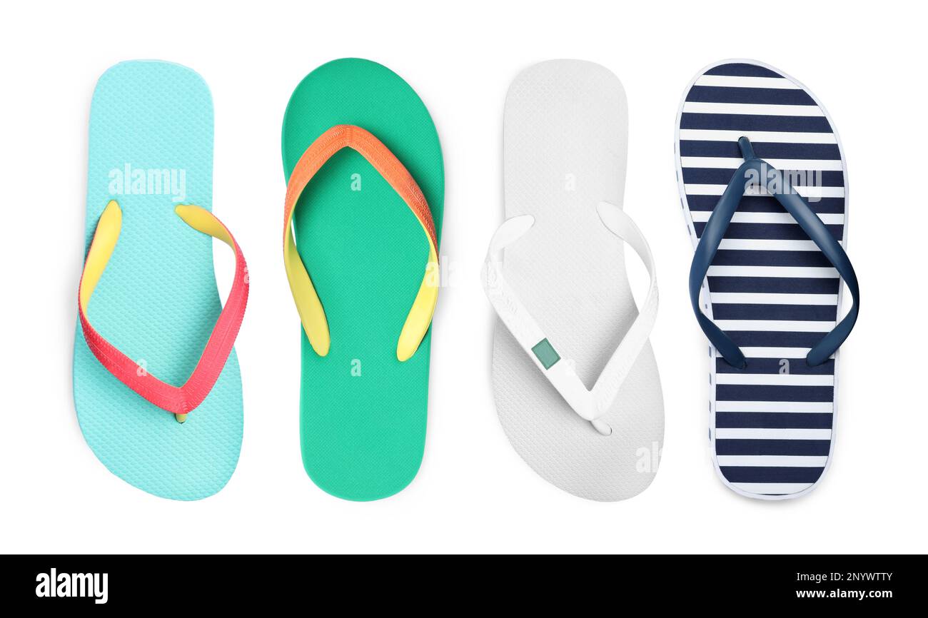 Set with different flip flops on white background, top view Stock Photo ...