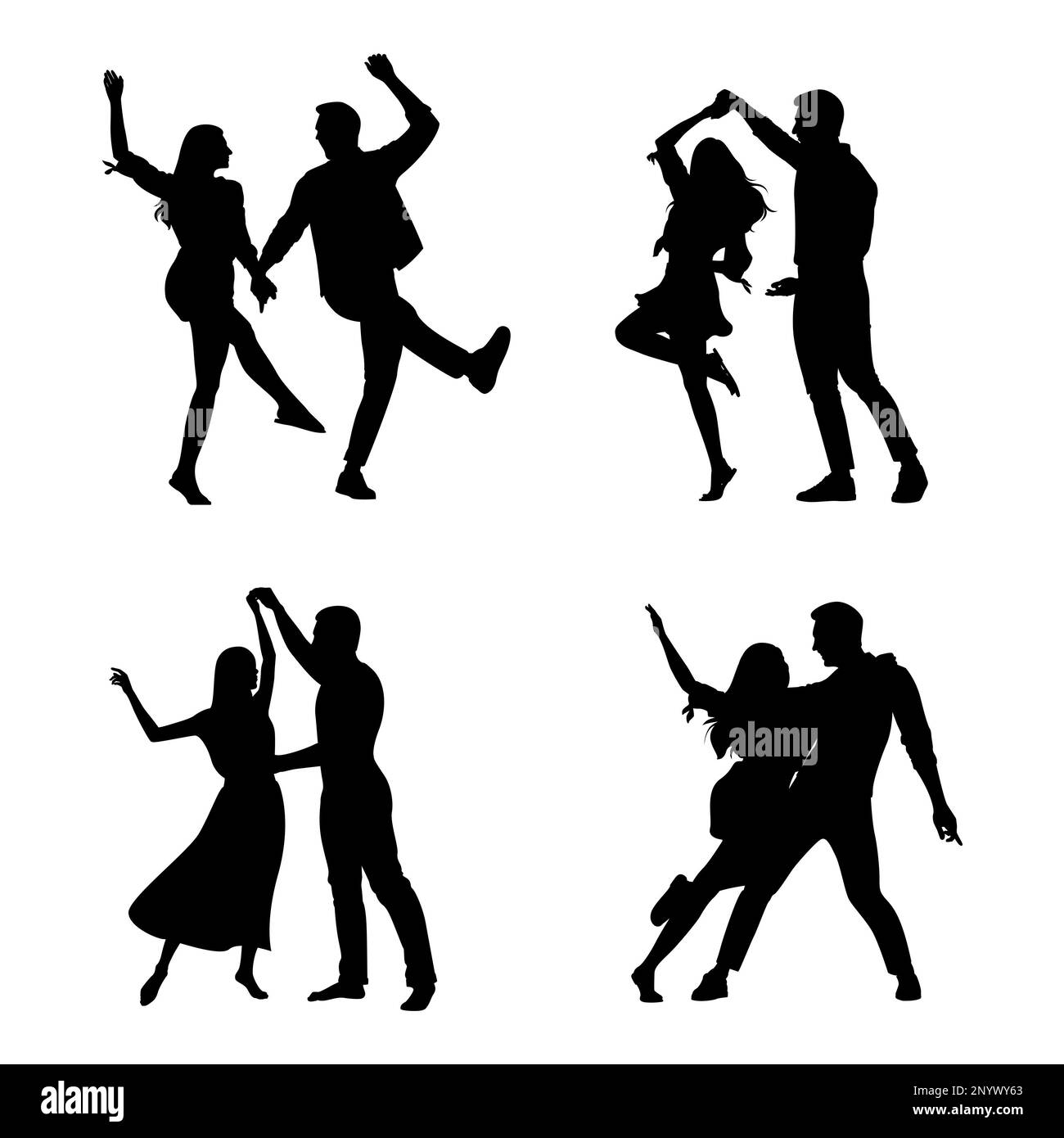 Set of dancing couples, silhouettes on white background. Vector illustrations Stock Photo