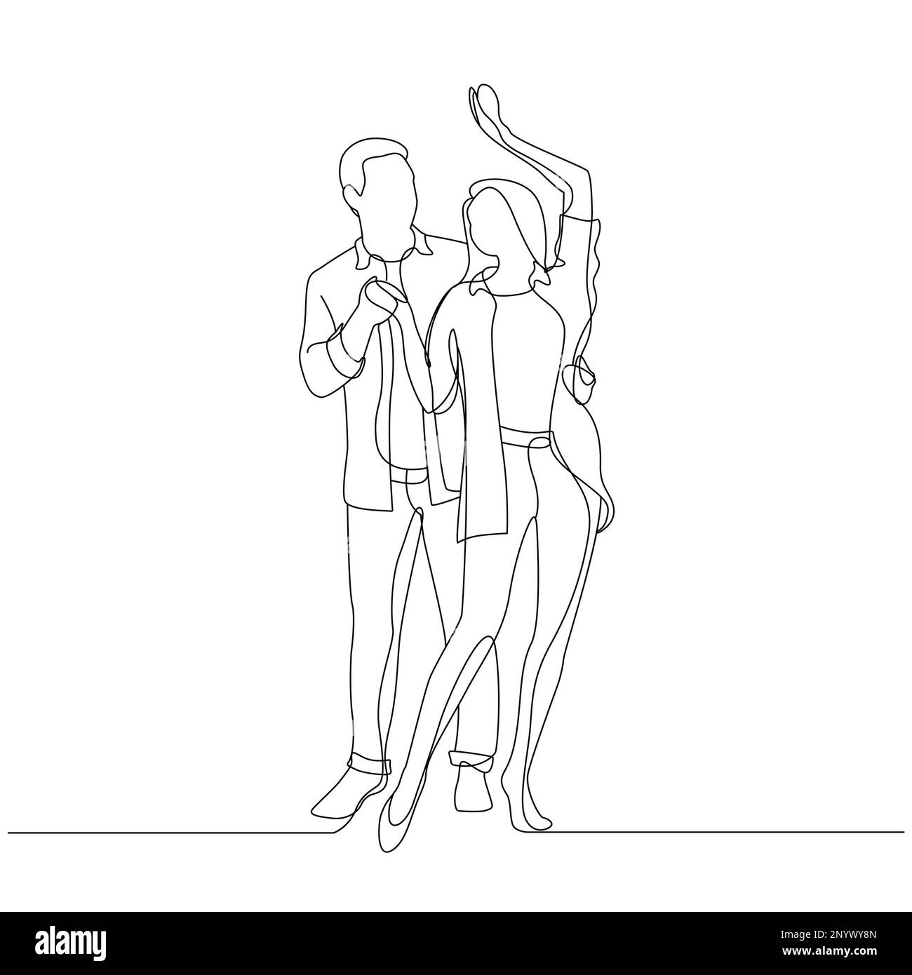 Couple dancing, outline on white background. Vector illustration Stock Photo