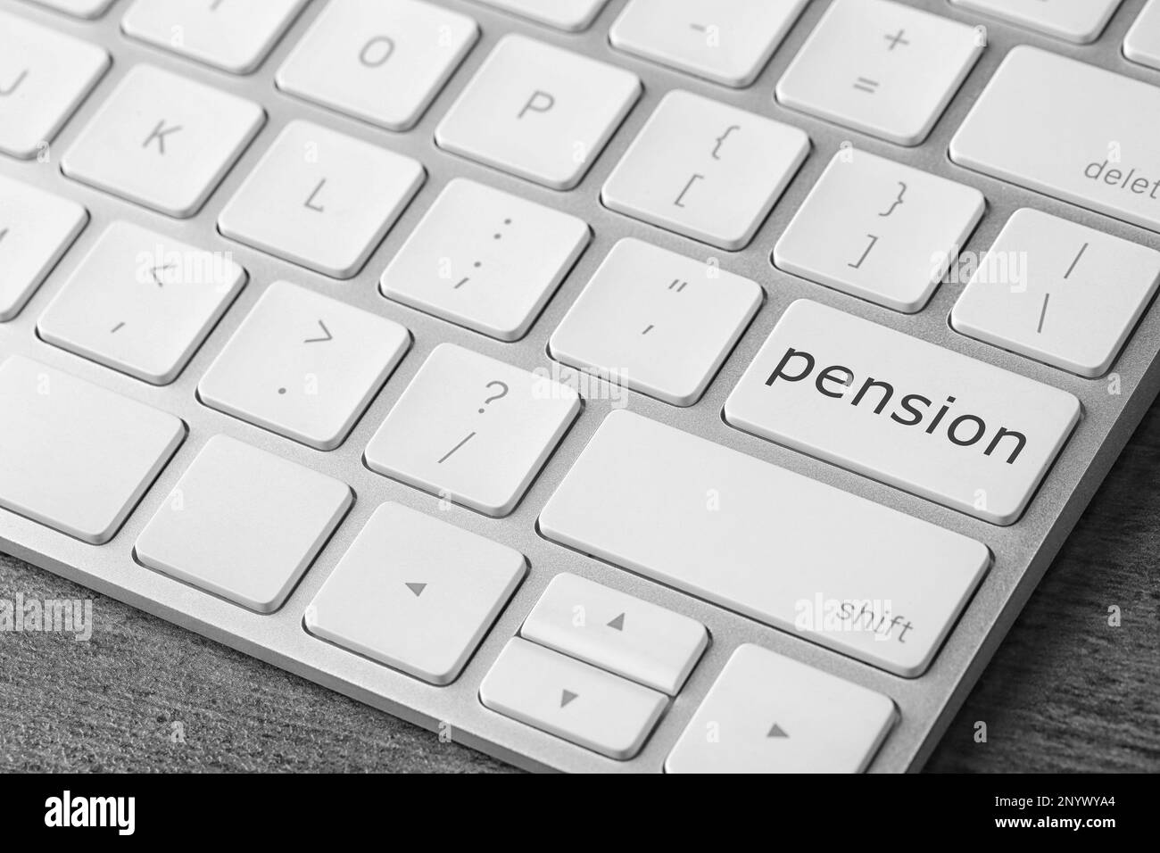 Modern computer keyboard with word Pension on button, closeup view Stock Photo