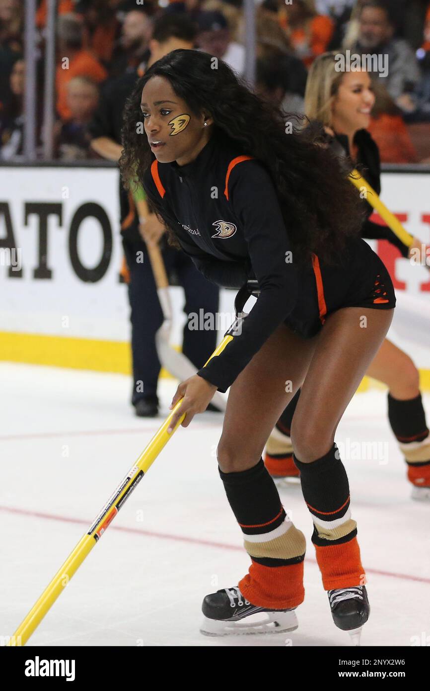 May 14, 2017: A Ducks ice girl shovels the ice during stoppage time in the  game between the Nashville Predators and Anaheim Ducks, Honda Center in  Anaheim, CA, Stanley Cup Western Conference