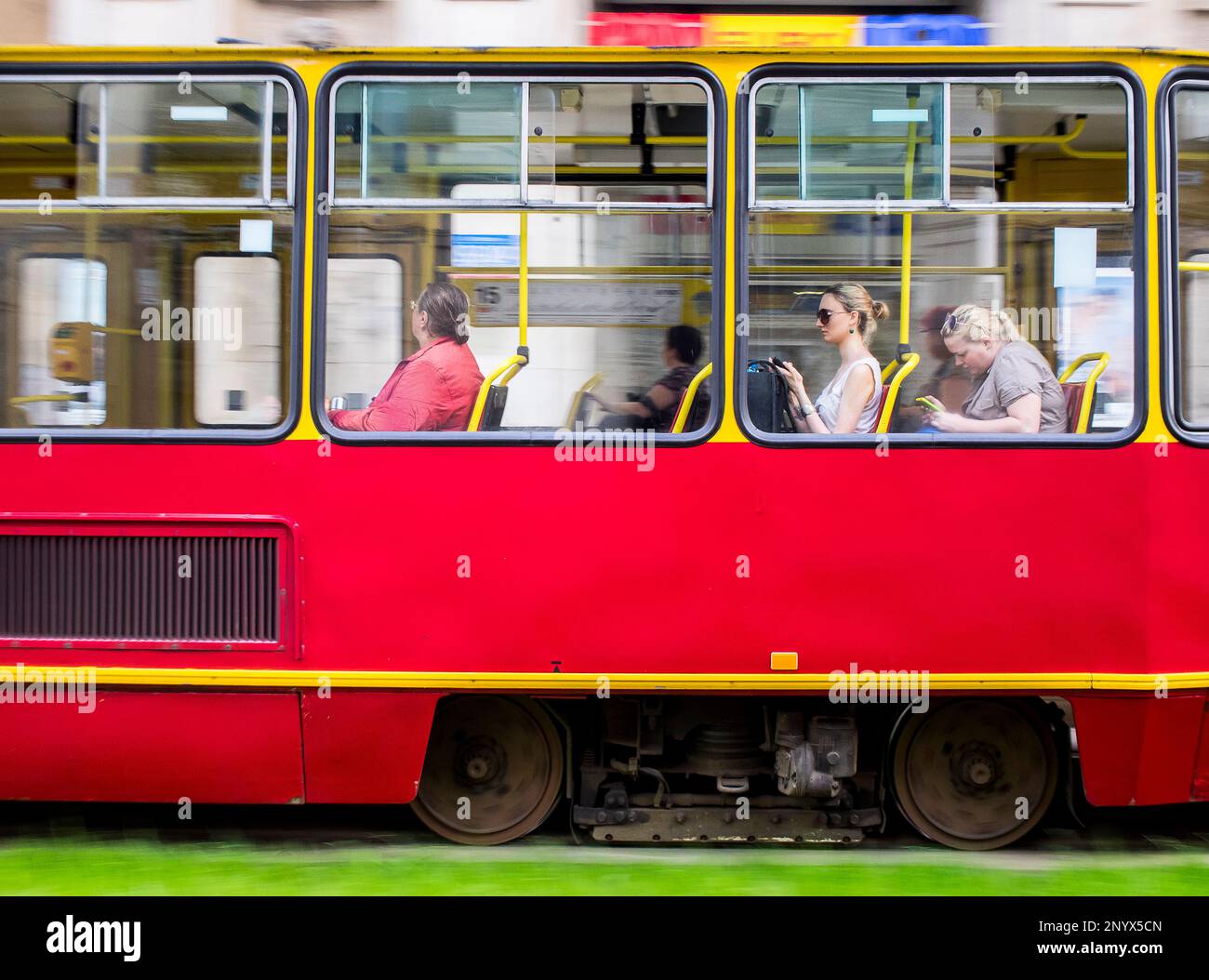 Tram at Ul.Marszalkowska street, Warsaw, Poland Stock Photo