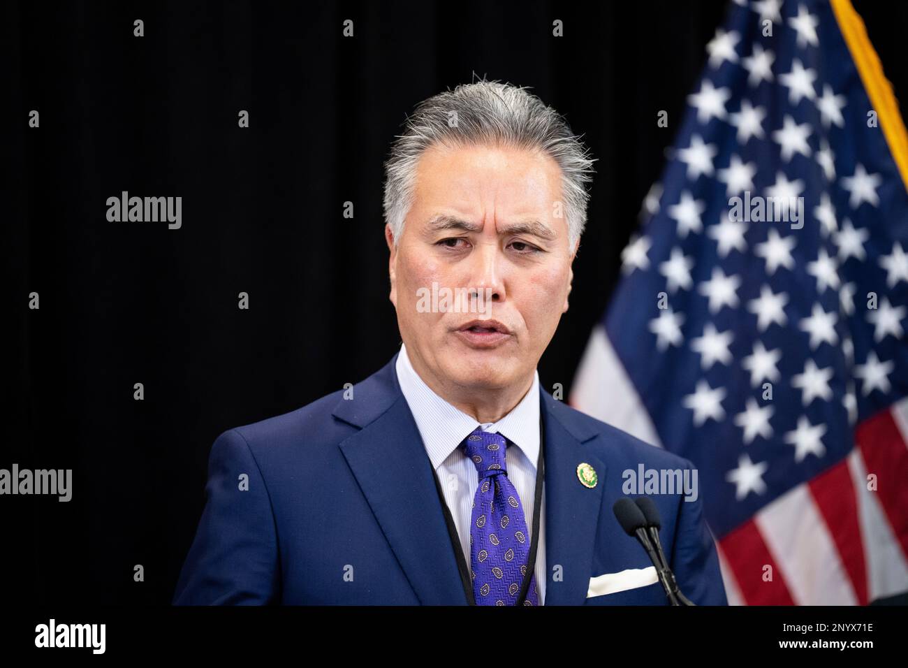 BALTIMORE - MARCH 2: Rep. Mark Takano, D-Calif., speaks during the  Congressional Asian Pacific American Caucus news conference at the House  Democrats 2023 Issues Conference in Baltimore, Md., on Thursday, March 2,