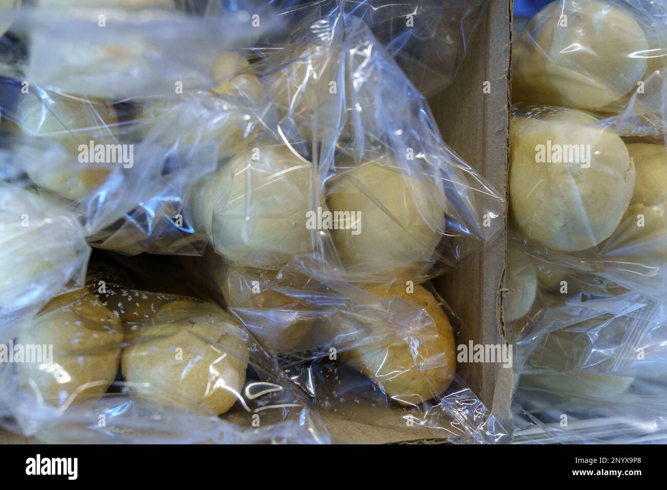 Frozen bread in the refrigerator, loaf, hamburger buns. Refrigerator in