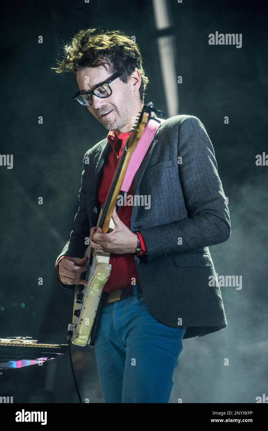 Laurent Brancowitz of Phoenix performs at the Austin City Limits Music Festival on Oct. 6, 2013, in Austin, Texas. (Photo by Amy Harris/Invision/AP) Stock Photo