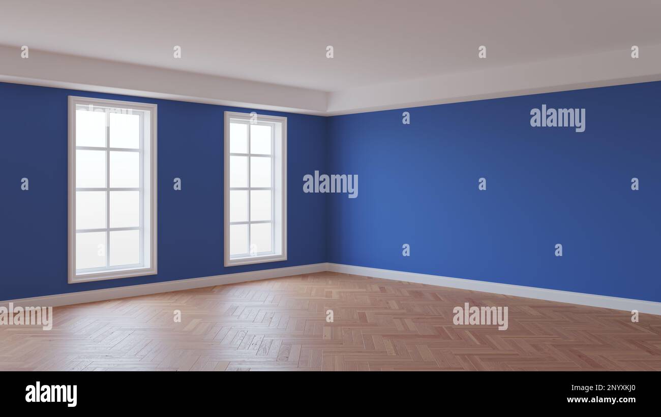 Dark Blue Room with a White Ceiling and Cornice, Glossy Herringbone