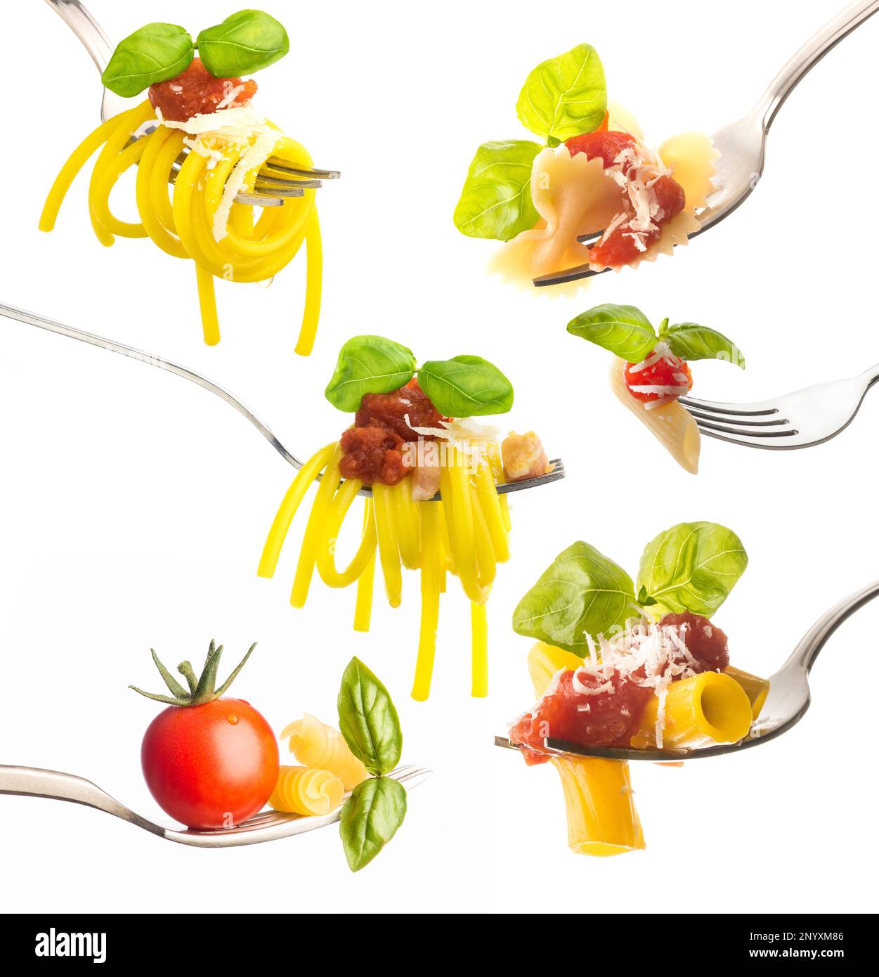 Forks with various type of pasta isolated on white background Stock