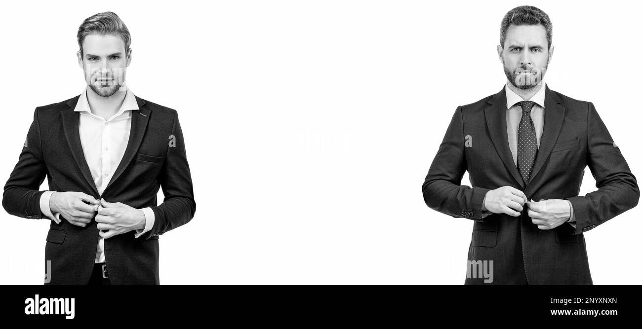 Man face portrait, banner with copy space. buttoning jacket ...