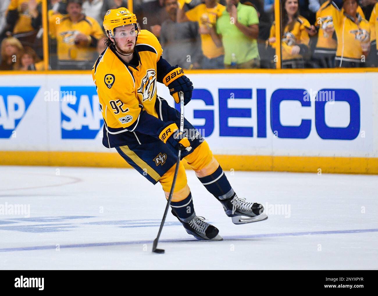 Nashville Predators center Ryan Johansen (92) handles the puck against the  Carolina Hurricanes during the first period in Game 1 of an NHL hockey  Stanley Cup first-round playoff series in Raleigh, N.C.