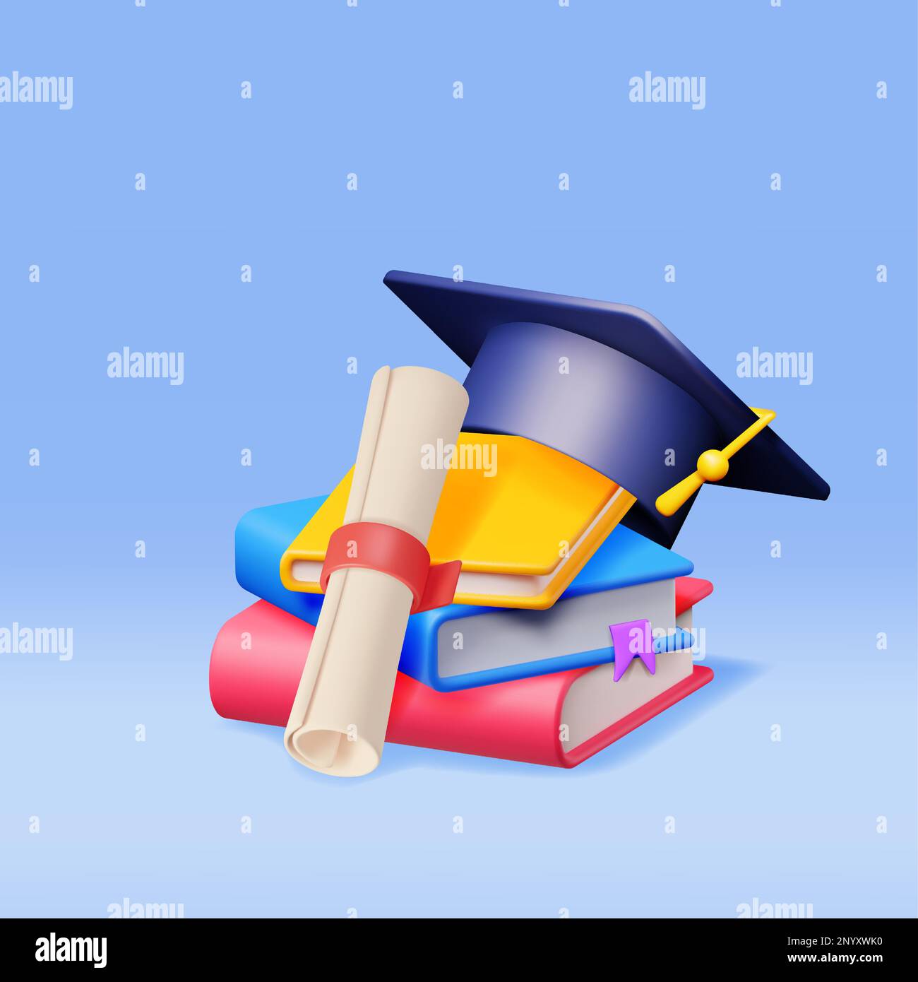 3D Graduation Cap with Diploma and Pile of Books Stock Vector Image