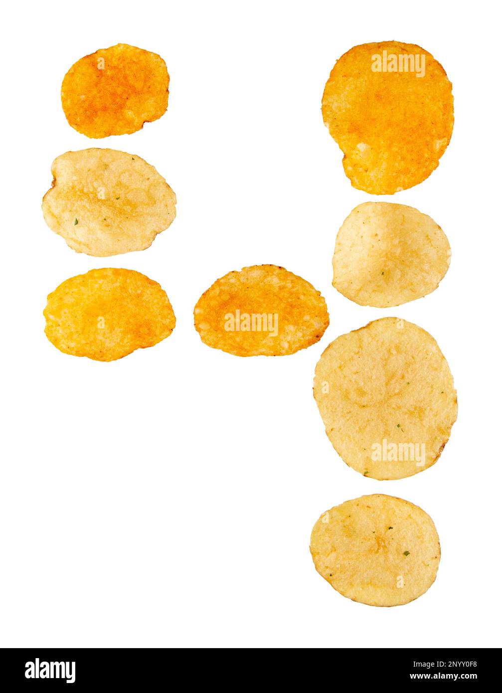 Number 4 made of potato chips and isolated on white background. Food numeral concept. One number of the set of potato chip font easy to stacking. Stock Photo