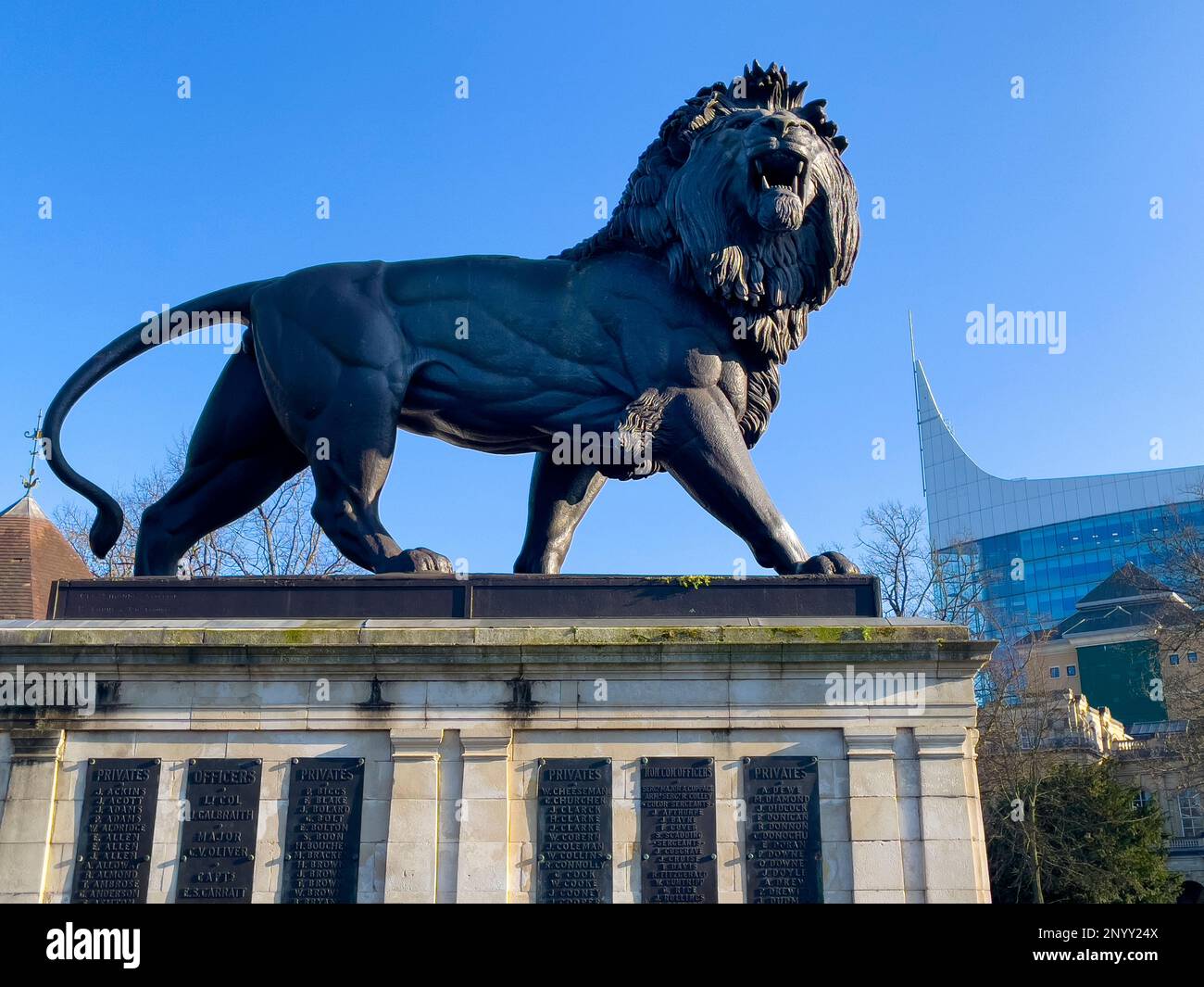 Reading scenes with the prominent  The Maiwand Lion, sculpture war memorial in Forbury Gardens and the striking new landmark  tower building The Blade Stock Photo