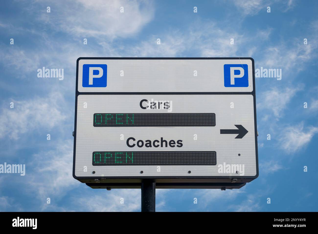 LED car park sign for cars and coaches. Stock Photo