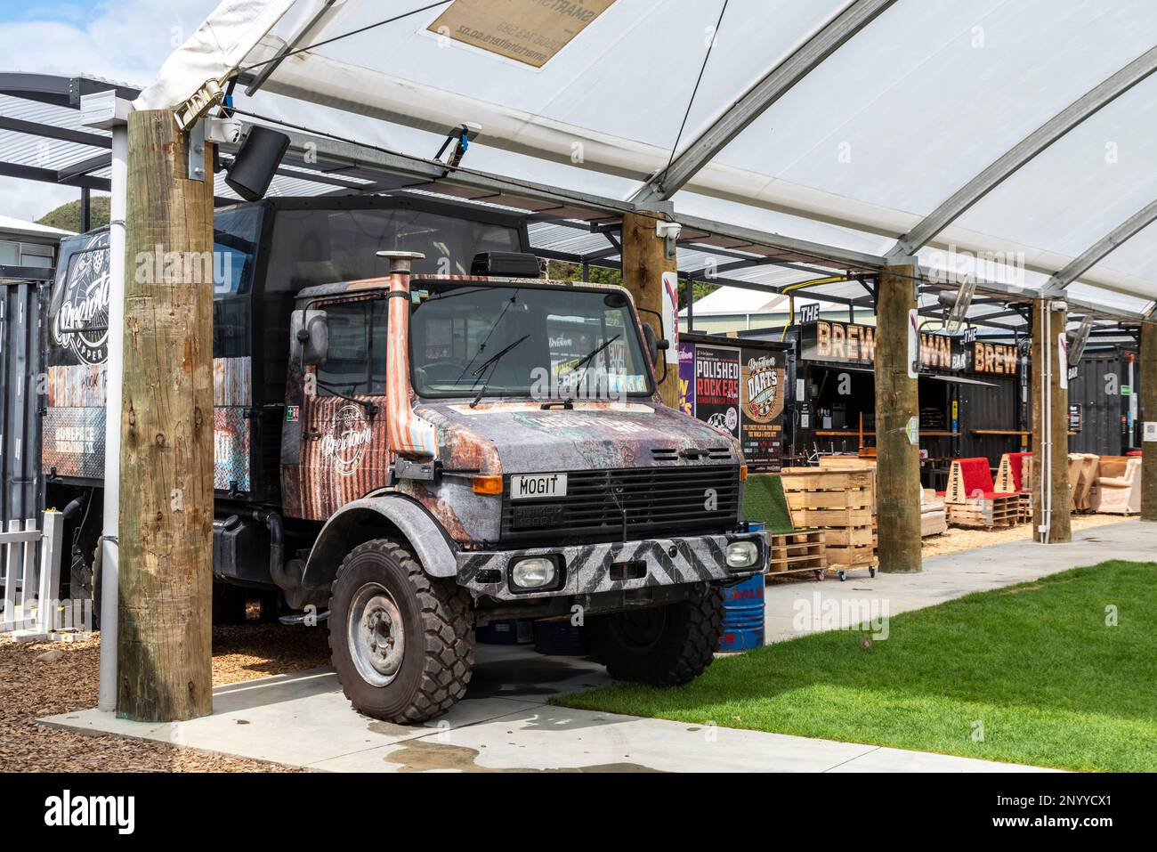 Brewtown in Upper Hutt, New Zealand, a visitor attraction with numerous craft beer breweries and a distillery. Formerly Dunlop tyre factory site Stock Photo