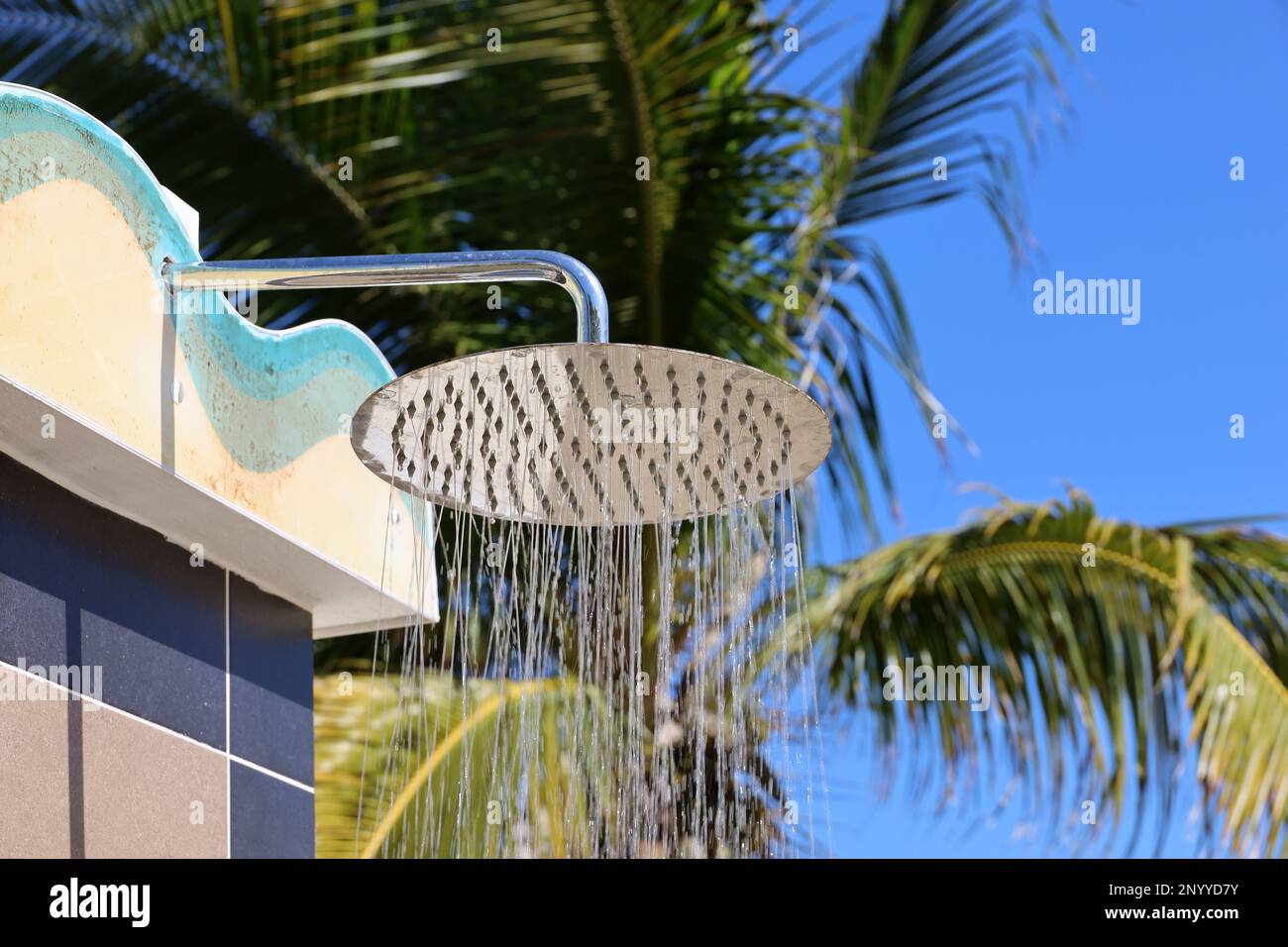 Tropical shower, water jets pour on palm trees background. Beach resort and vacation concept Stock Photo