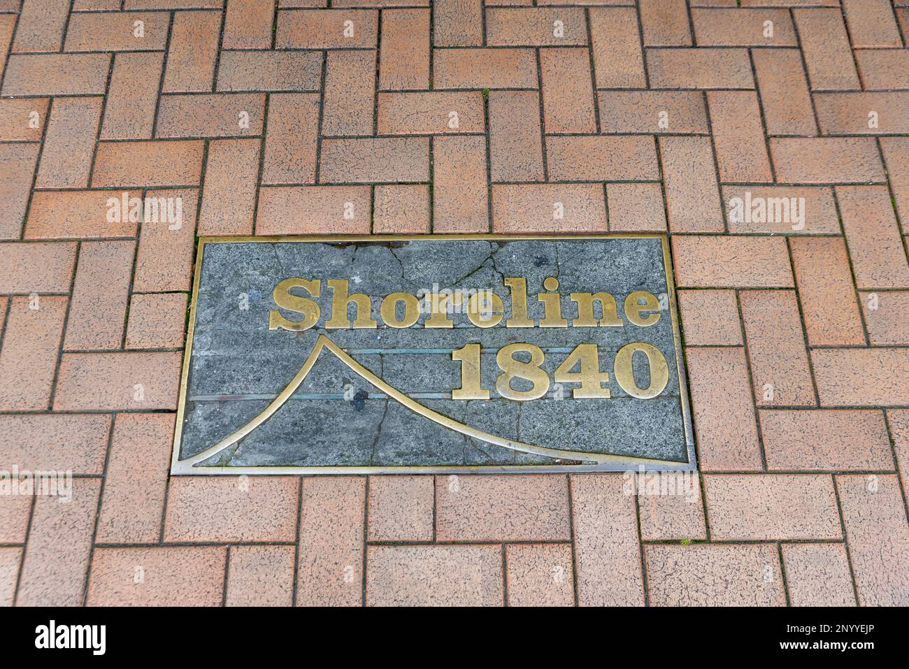 Shoreline 1840. Plaque in Wellington city, New Zealand, marking the position of the shoreline