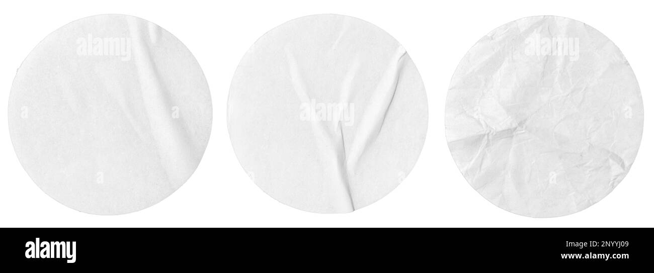 Set of Blank white Round Labels isolated on white background. Crumpled paper piece. Template mockup Stock Photo