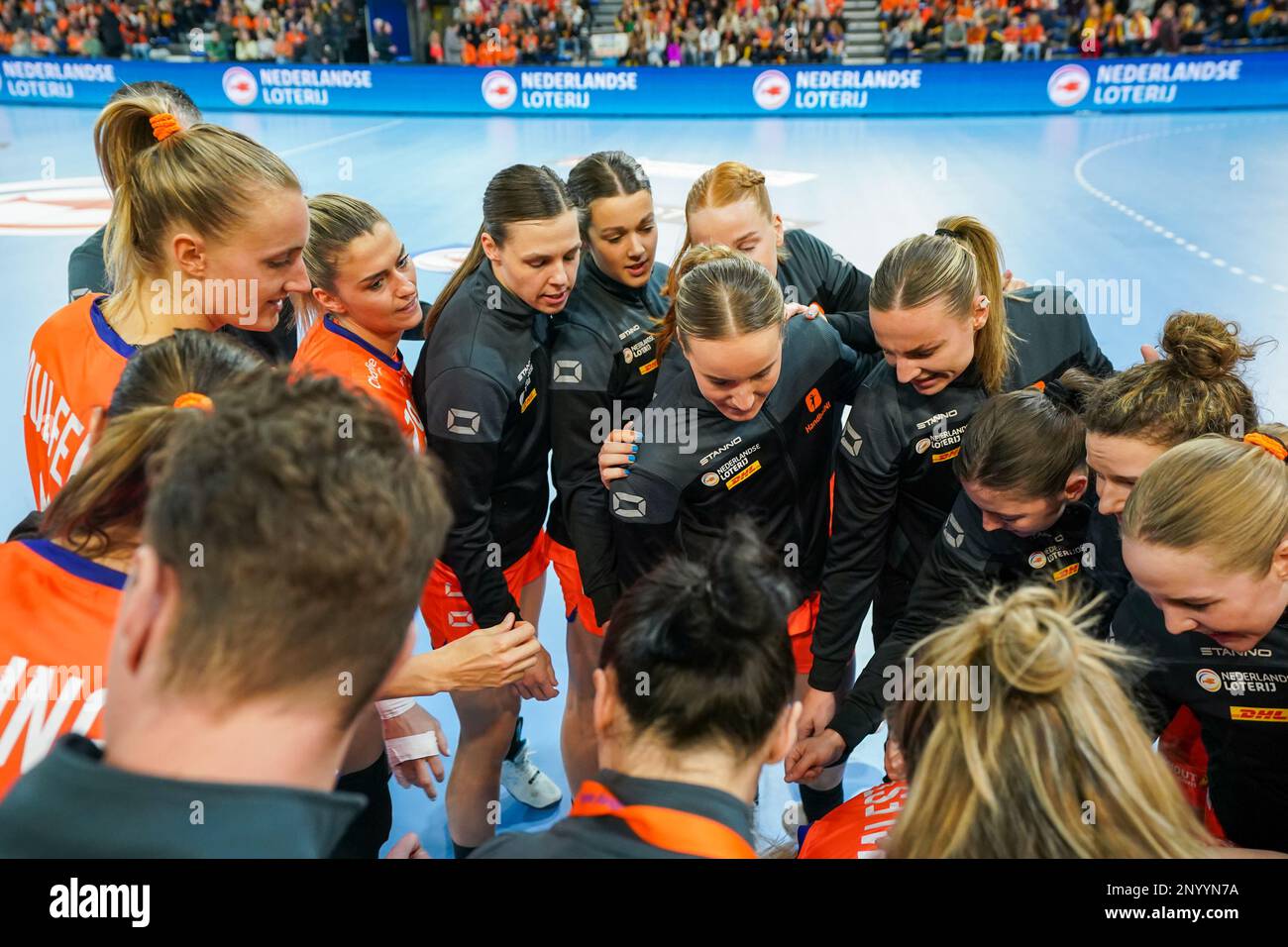 EINDHOVEN, NETHERLANDS - MARCH 2: Team Netherlands with Claudia Rompen of the Netherlands, Laura van der Heijden of the Netherlands, Debbie Bont of the Netherlands, Lois Abbingh of The Netherlands, Pipy Wolfs of the Netherlands, Bo van Wetering of the Netherlands, Kim Molenaar of the Netherlands, Kelly Dulfer of the Netherlands, Merel, Freriks of the Netherlands, Inger Smits of the Netherlands, Zoe Sprengers of the Netherlands, Angela Malestein of the Netherlands, Nikita van der Vliet of the Netherlands, Rinka Duijndam of the Netherlands, Kelly Vollebregt of the Netherlands, Yara ten Holte of Stock Photo