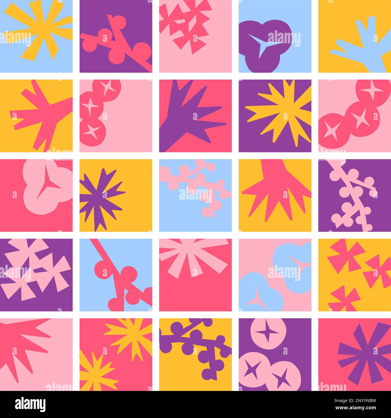Vector Japanese Vibrant Minimal Floral Seamless Square Pattern Stock Vector