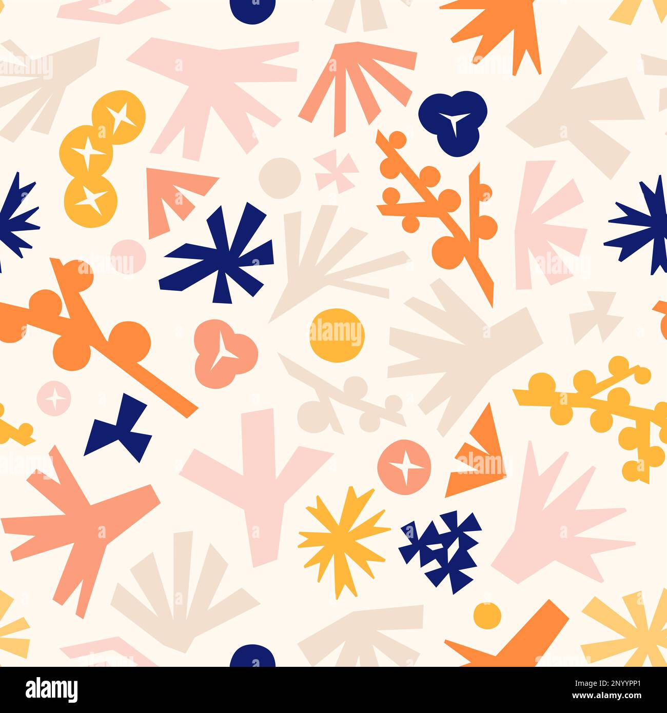 Vector Pastel Pink, Beige, Blue and Orange Botanic Abstract Blossoms and Garden Elements Seamless Pattern. Stock Vector