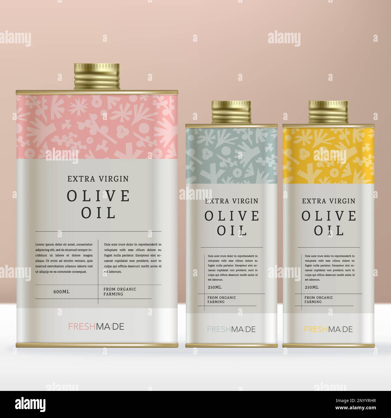 Vector Rectangular Tin Box or Bottle Packaging for Olive Oil Products with Minimal Floral Pattern. Stock Vector