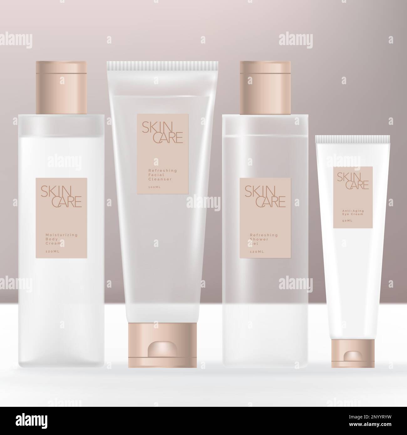 Vector Beauty or Skincare Transparent Cream, Shampoo, Gel or Cream Bottle and Tube Bundle with Beige Caps. Stock Vector