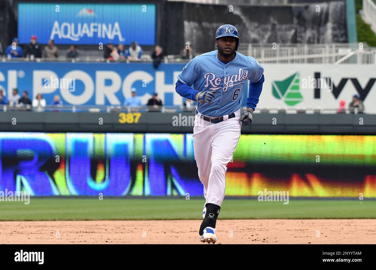 KANSAS CITY, MO. - APRIL 30: Kansas City Royals center fielder Lorenzo Cain (6) runs the bases in the fifth inning after hitting a solo home run during a MLB game between the Minnesota Twins and the Kansas City Royals on April 30, 2017, at Kauffman Stadium in Kansas City, MO. (Photo by Keith Gillett/Icon Sportswire) (Icon Sportswire via AP Images) Stock Photo