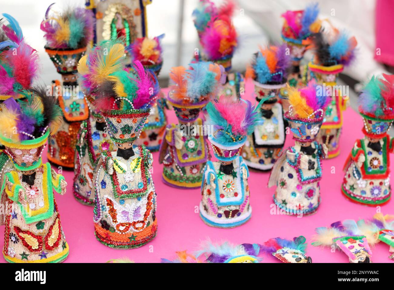 Masks and figures of traditional handmade dancers from Morelos Mexico