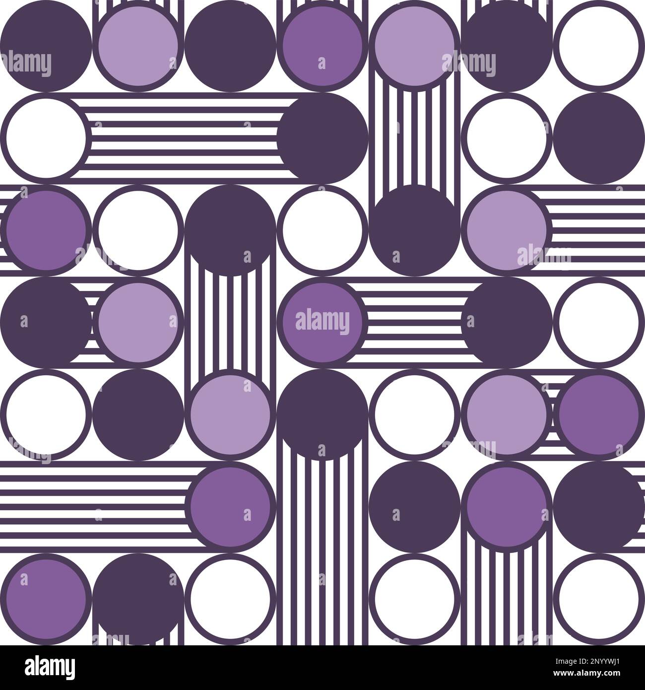 Vector Retro Circles and Stripes Seamless Pattern for Fabric or Wallpaper Print, Purple and White. Stock Vector