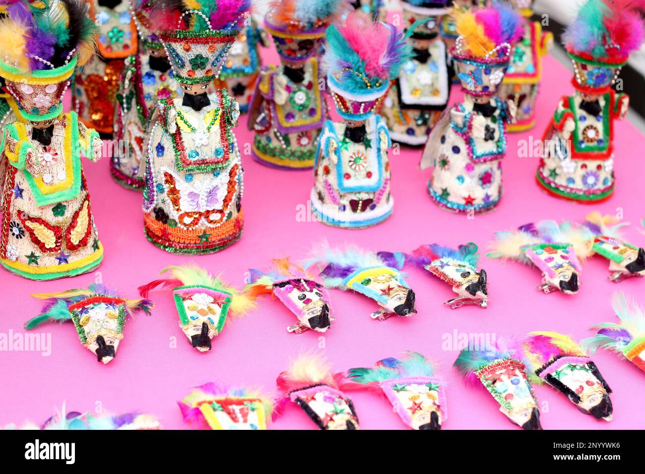 Masks and figures of traditional handmade dancers from Morelos Mexico