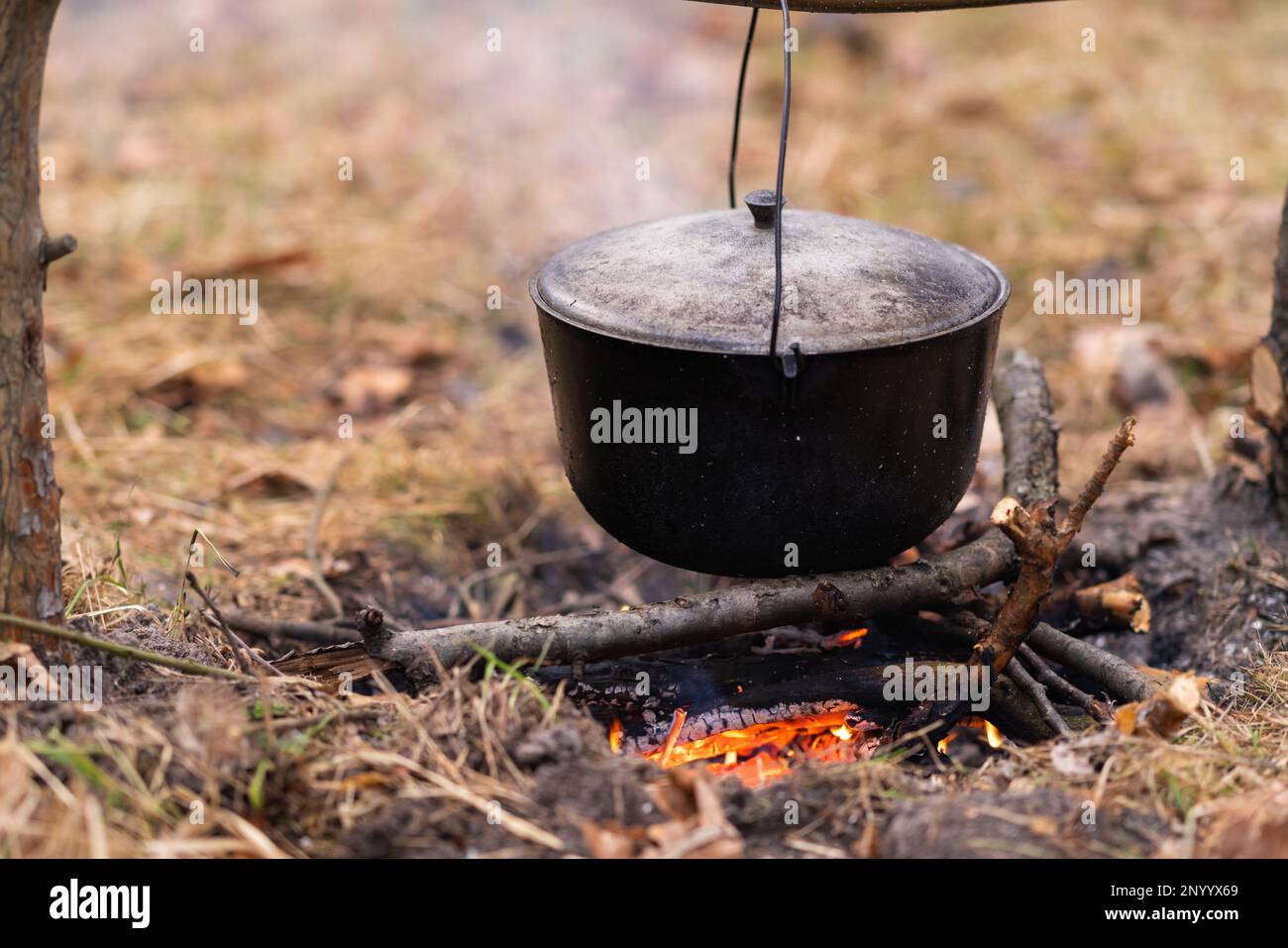 A castiron cauldron, covered with a lid, hangs over a fire made of
