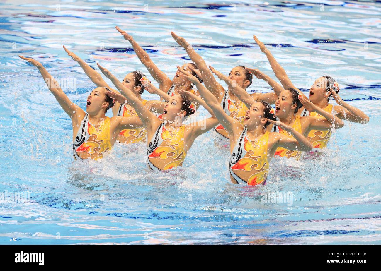 Japans synchronized swim team performs its free routine during Japan Open FINA Synchronized Swimming World Series at Tatsumi International Swimming Center in Tokyo on April 30, 2017