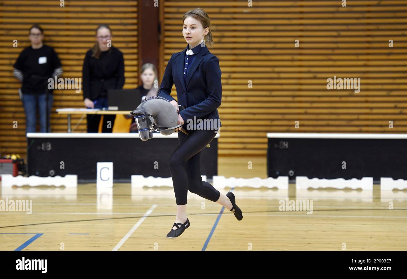 Ella Holm and hobby horse Fede compete during the hobby horsing Finnish