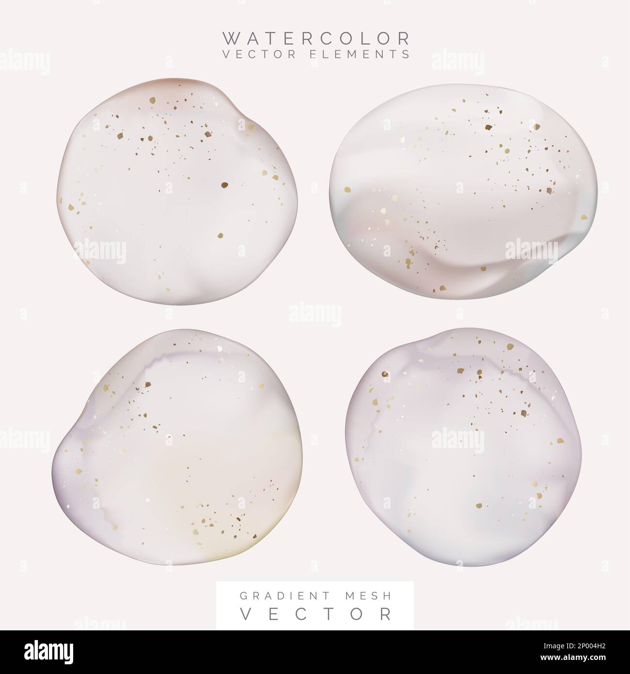 Gradient Mesh Vector Watercolor Minimal Abstract Drawing or Drop with Gold Foil Effect. Pastel Purple, Cream and Beige Colors. Stock Vector
