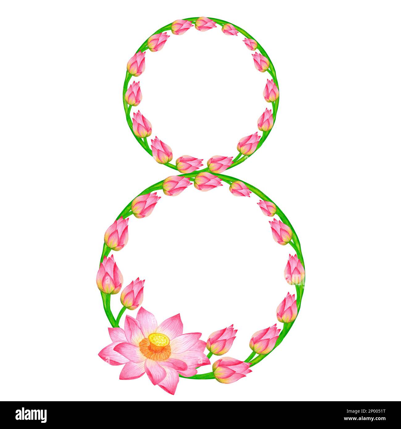 Wreath in the form of number eight from pink of buds lotus flower. Women's Day. Hand-drawn watercolor illustration isolated on white background. For p Stock Photo