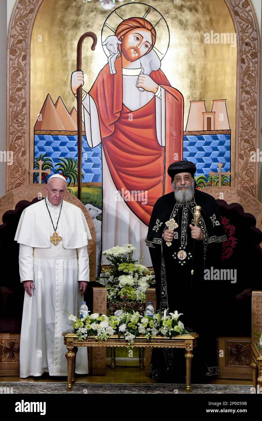 Pope Francis meets Pope Tawadros II, spiritual leader of Egypt's
